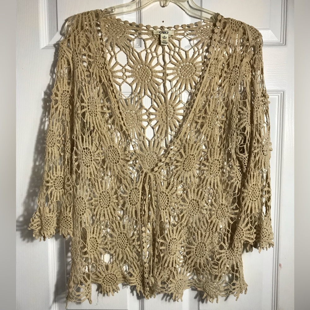 Cato Crochet Open-Weave Tie-Front Women's Top in Beige XL